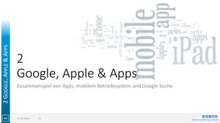 jlwin.co/{fb|t|g+|in|x}
2
Google, Apple & Apps
Zusammenspiel von Apps, mobilem Betriebssystem und Google Suche
15.03.2016 15
2GOOGLE,APPLE&APPS
 