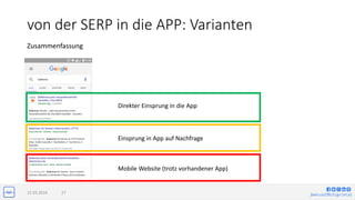 jlwin.co/{fb|t|g+|in|x}
von der SERP in die APP: Varianten
15.03.2016 27
Zusammenfassung
Mobile Website (trotz vorhandener App)
Einsprung in App auf Nachfrage
Direkter Einsprung in die App
 