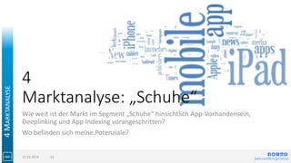 jlwin.co/{fb|t|g+|in|x}
4
Marktanalyse: „Schuhe“
Wie weit ist der Markt im Segment „Schuhe“ hinsichtlich App-Vorhandensein,
Deeplinking und App Indexing vorangeschritten?
Wo befinden sich meine Potenziale?
15.03.2016 32
4MARKTANALYSE
 