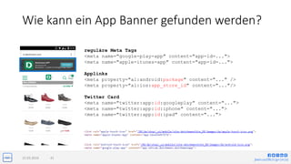 jlwin.co/{fb|t|g+|in|x}
Wie kann ein App Banner gefunden werden?
15.03.2016 41
reguläre Meta Tags
<meta name="google-play-app" content="app-id=...">
<meta name="apple-itunes-app" content="app-id=...">
Applinks
<meta property="al:android:package" content="..." />
<meta property="al:ios:app_store_id" content="..."/>
Twitter Card
<meta name="twitter:app:id:googleplay" content="...">
<meta name="twitter:app:id:iphone" content="...">
<meta name="twitter:app:id:ipad" content="...">
 