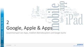 jlwin.co/{fb|t|g+|in|x}
2
Google, Apple & Apps
Zusammenspiel von Apps, mobilem Betriebssystem und Google Suche
15.03.2016 ...