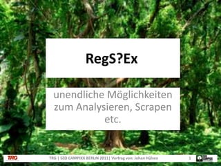 RegS?Ex unendliche Möglichkeiten zum Analysieren, Scrapenetc. 1 TRG | SEO CAMPIXX BERLIN 2011| Vortrag von: Johan Hülsen 