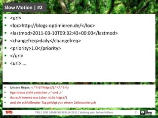 Unsere Regex: <.*?>(?!http://).*</.*?>\rIrgendwas steht zwischen ‚<‘ und ‚>‘danach kommt was (aber nicht http://)und ein schließender Tag gefolgt von einem ZeilenumbruchSlow Motion | #2TRG | SEO CAMPIXX BERLIN 2011| Vortrag von: Johan Hülsen7<url> <loc>http://blogs-optimieren.de/</loc> <lastmod>2011-03-10T09:32:43+00:00</lastmod> <changefreq>daily</changefreq> <priority>1.0</priority> </url> <url> …