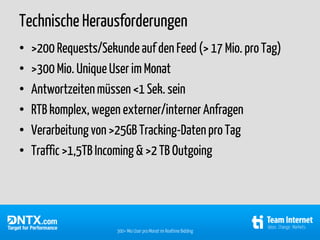 Technische Herausforderungen
•   >200 Requests/Sekunde auf den Feed (> 17 Mio. pro Tag)
•   >300 Mio. Unique User im Monat
•   Antwortzeiten müssen <1 Sek. sein
•   RTB komplex, wegen externer/interner Anfragen
•   Verarbeitung von >25GB Tracking-Daten pro Tag
•   Traffic >1,5TB Incoming & >2 TB Outgoing




                      300+ Mio User pro Monat im Realtime Bidding
 