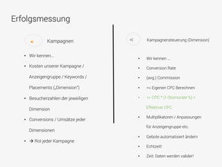 Erfolgsmessung
•  Wir kennen...
•  Kosten unserer Kampagne /
Anzeigengruppe / Keywords /
Placements („Dimension“)
•  Besucherzahlen der jeweiligen
Dimension
•  Conversions / Umsätze jeder
Dimensionen
•  à RoI jeder Kampagne
Kampagnen

	
  


Kampagnensteuerung (Dimension)
•  Wir kennen ...
•  Conversion Rate
•  (avg.) Commission
•  => Eigenen CPC Berechnen
•  => CPC * (1-Stornorate %) =
Effektiver CPC
•  Multiplikatoren / Anpassungen
für Anzeigengruppe etc.
•  Gebote automatisiert ändern
•  Echtzeit!
•  Zeit: Daten werden valider!
	
  
 