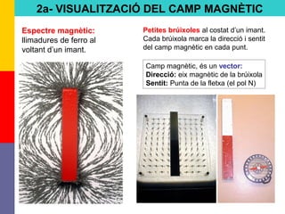 10
2a- VISUALITZACIÓ DEL CAMP MAGNÈTIC
Espectre magnètic:
llimadures de ferro al
voltant d’un imant.
Petites brúixoles al costat d’un imant.
Cada brúixola marca la direcció i sentit
del camp magnètic en cada punt.
Camp magnètic, és un vector:
Direcció: eix magnètic de la brúixola
Sentit: Punta de la fletxa (el pol N)
 
