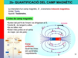 12
2b- QUANTIFICACIÓ DEL CAMP MAGNÈTIC
La intensitat d’un camp magnètic, , s’anomena inducció magnètica.
Unitat: Tesla.
Aparell: Teslàmetre.
B
→
B
→
B
→
B
→
B
→
B
→
B
→
B
→
•Surten del pol N de l’imant i es dirigeixen al S.
•Vector , és tangent a elles.
•No es tallen mai.
•Estan més juntes on el camp
és major. (en els pols)
Camp
uniforme:
Quan les línies
són paral·leles
i equidistants.
B
→
B
→
Línies de camp magnètic
brúixola
 