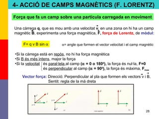 28
4- ACCIÓ DE CAMPS MAGNÈTICS (F. LORENTZ)
Força que fa un camp sobre una partícula carregada en moviment
Una càrrega q, que es mou amb una velocitat v, en una zona on hi ha un camp
magnètic B, experimenta una força magnètica, F, força de Lorentz, de mòdul:
F= q v B sin α α= angle que formen el vector velocitat i el camp magnètic
•Si la càrrega està en repòs, no hi ha força magnètica
•Si B és més intens, major la força
•Si la velocitat és paral·lela al camp (α = 0 o 1800
), la força és nul·la, F=0
és perpendicular al camp (α = 900
), la força és màxima, Fmax
Vector força: Direcció: Perpendicular al pla que formen els vectors v i B.
Sentit: regla de la mà dreta
 