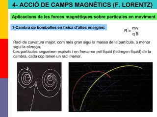 37
4- ACCIÓ DE CAMPS MAGNÈTICS (F. LORENTZ)
Aplicacions de les forces magnètiques sobre partícules en moviment
1-Cambra de bombolles en física d’altes energies:
Radi de curvatura major, com més gran sigui la massa de la partícula, o menor
sigui la càrrega.
Les partícules segueixen espirals i en frenar-se pel líquid (hidrogen líquid) de la
cambra, cada cop tenen un radi menor.
Bq
vm
R =
 