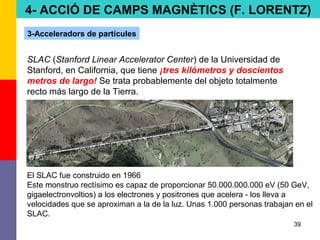 39
SLAC (Stanford Linear Accelerator Center) de la Universidad de
Stanford, en California, que tiene ¡tres kilómetros y doscientos
metros de largo! Se trata probablemente del objeto totalmente
recto más largo de la Tierra.
El SLAC fue construido en 1966
Este monstruo rectísimo es capaz de proporcionar 50.000.000.000 eV (50 GeV,
gigaelectronvoltios) a los electrones y positrones que acelera - los lleva a
velocidades que se aproximan a la de la luz. Unas 1.000 personas trabajan en el
SLAC.
4- ACCIÓ DE CAMPS MAGNÈTICS (F. LORENTZ)
3-Acceleradors de partícules
 