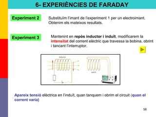 58
6- EXPERIÈNCIES DE FARADAY
Experiment 2 Substituïm l’imant de l’experiment 1 per un electroimant.
Obtenim els mateixos resultats.
Experiment 3 Mantenint en repòs inductor i induït, modificarem la
intensitat del corrent elèctric que travessa la bobina, obrint
i tancant l’interruptor.
Apareix tensió elèctrica en l’induït, quan tanquem i obrim el circuit (quan el
corrent varia)
 