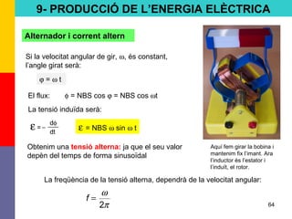 64
9- PRODUCCIÓ DE L’ENERGIA ELÈCTRICA
Alternador i corrent altern
Si la velocitat angular de gir, ω, és constant,
l’angle girat serà:
ϕ = ω t
El flux: φ = NBS cos ϕ = NBS cos ωt
La tensió induïda serà:
ε =
dφ
dt
− ε = NBS ω sin ω t
Obtenim una tensió alterna: ja que el seu valor
depèn del temps de forma sinusoïdal
La freqüència de la tensió alterna, dependrà de la velocitat angular:
π
ω
2
=f
Aquí fem girar la bobina i
mantenim fix l’imant. Ara
l’inductor és l’estator i
l’induït, el rotor.
 