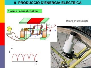 66
9- PRODUCCIÓ D’ENERGIA ELÈCTRICA
Dinamo i corrent continu
Dinamo en una bicicleta
 