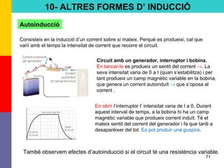 71
10- ALTRES FORMES D’ INDUCCIÓ
Consisteix en la inducció d’un corrent sobre si mateix. Perquè es produeixi, cal que
variï amb el temps la intensitat de corrent que recorre el circuit.
Autoinducció
Circuit amb un generador, interruptor i bobina.
En tancar-lo es produeix un sentit del corrent →. La
seva intensitat varia de 0 a I (quan s’estabilitza) i per
tant produeix un camp magnètic variable en la bobina,
que genera un corrent autoinduït → que s’oposa al
corrent .
En obrir l’interruptor l’ intensitat varia de I a 0. Durant
aquest interval de temps, a la bobina hi ha un camp
magnètic variable que produeix corrent induït. Té el
mateix sentit del corrent del generador i fa que tardi a
desaparèixer del tot. Es pot produir una guspira.
També observem efectes d’autoinducció si el circuit té una resistència variable.
 