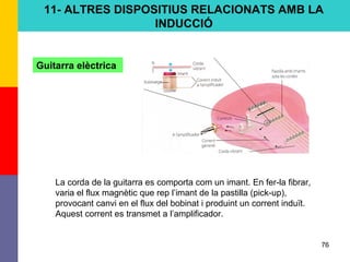 76
11- ALTRES DISPOSITIUS RELACIONATS AMB LA
INDUCCIÓ
Guitarra elèctrica
La corda de la guitarra es comporta com un imant. En fer-la fibrar,
varia el flux magnètic que rep l’imant de la pastilla (pick-up),
provocant canvi en el flux del bobinat i produint un corrent induït.
Aquest corrent es transmet a l’amplificador.
 