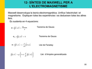 80
12- SÍNTESI DE MAXWELL PER A
L’ELECTROMAGNETISME
Maxwell desenvolupa la teoria electromagnètica. Unifica l’electricitat i el
magnetisme. Expliquen totes les experiències i es dedueixen totes les altres
lleis.
Es sustenta en 4 equacions:
ε
tancadaQ
SdE ==Φ ∫
→→
.
0. ==Φ ∫
→→
SdBB
SdB
dt
d
ldE
→
→
→→
∫∫ −==Φ ..








⋅+⋅= ∫∫
→→→→
SdE
dt
d
rdB .1. εµ
Teorema de Gauss
Teorema de Gauss
Llei de Faraday
Llei d’Ampère generalitzada
 