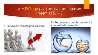 2 – Diálogo para resolver os impasses
(Neemias 5.1-13)
1- O exemplo começa pela liderança
2 – Reconhecer o problema e admitir
a necessidade de mudar
 