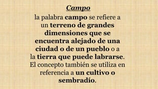 la palabra campo se refiere a
un terreno de grandes
dimensiones que se
encuentra alejado de una
ciudad o de un pueblo o a
la tierra que puede labrarse.
El concepto también se utiliza en
referencia a un cultivo o
sembradío.
Campo
 