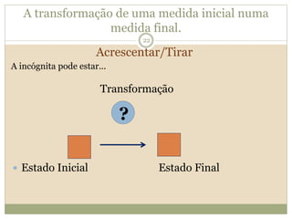A transformação de uma medida inicial numa
medida final.
Transformação
 Estado Inicial Estado Final
?
Acrescentar/Tirar
22
A incógnita pode estar...
 