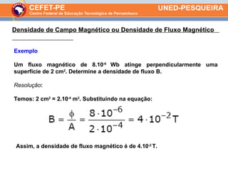 Densidade de Campo Magnético ou Densidade de Fluxo Magnético  Exemplo Um fluxo magnético de 8.10 -6  Wb atinge perpendicularmente uma superfície de 2 cm 2 . Determine a densidade de fluxo B. Resolução : Temos: 2 cm 2  = 2.10 -4  m 2 . Substituindo na equação: Assim, a densidade de fluxo magnético é de 4.10 -2  T. 