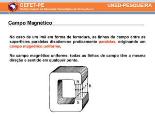 No caso de um imã em forma de ferradura, as linhas de campo entre as superfícies paralelas dispõem-se praticamente  paralelas , originando um  campo magnético uniforme .  No campo magnético uniforme, todas as linhas de campo têm a mesma direção e sentido em qualquer ponto. Campo Magnético  . 