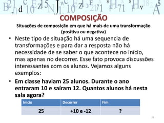 COMPOSIÇÃO 
Situações de composição em que há mais de uma transformação 
(positiva ou negativa) 
• Neste tipo de situação há uma sequencia de 
transformações e para dar a resposta não há 
necessidade de se saber o que acontece no início, 
mas apenas no decorrer. Esse fato provoca discussões 
interessantes com os alunos. Vejamos alguns 
exemplos: 
• Em classe haviam 25 alunos. Durante o ano 
entraram 10 e saíram 12. Quantos alunos há nesta 
sala agora? 
26 
Inicio Decorrer Fim 
25 +10 e -12 ? 
 