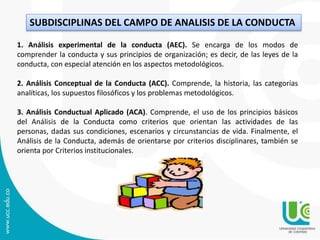 SUBDISCIPLINAS DEL CAMPO DE ANALISIS DE LA CONDUCTA
1. Análisis experimental de la conducta (AEC). Se encarga de los modos de
comprender la conducta y sus principios de organización; es decir, de las leyes de la
conducta, con especial atención en los aspectos metodológicos.
2. Análisis Conceptual de la Conducta (ACC). Comprende, la historia, las categorías
analíticas, los supuestos filosóficos y los problemas metodológicos.
3. Análisis Conductual Aplicado (ACA). Comprende, el uso de los principios básicos
del Análisis de la Conducta como criterios que orientan las actividades de las
personas, dadas sus condiciones, escenarios y circunstancias de vida. Finalmente, el
Análisis de la Conducta, además de orientarse por criterios disciplinares, también se
orienta por Criterios institucionales.
 