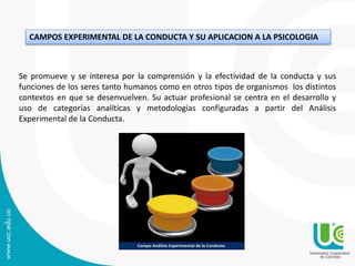 CAMPOS EXPERIMENTAL DE LA CONDUCTA Y SU APLICACION A LA PSICOLOGIA
Se promueve y se interesa por la comprensión y la efectividad de la conducta y sus
funciones de los seres tanto humanos como en otros tipos de organismos los distintos
contextos en que se desenvuelven. Su actuar profesional se centra en el desarrollo y
uso de categorías analíticas y metodologías configuradas a partir del Análisis
Experimental de la Conducta.
 