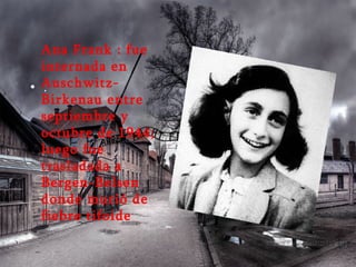 .  Ana Frank : fue internada en Auschwitz-Birkenau entre septiembre y octubre de 1944; luego fue trasladada a Bergen-Belsen donde murió de fiebre tifoide 