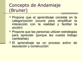 Concepto de Andamiaje
(Bruner)
 Propone que el aprendizaje consiste en la
  categorización (ocurre para simplificar la
  ...