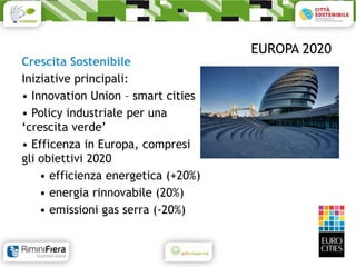 EUROPA 2020
Crescita Sostenibile
Iniziative principali:
• Innovation Union – smart cities
• Policy industriale per una
‘crescita verde’
• Efficenza in Europa, compresi
gli obiettivi 2020
    • efficienza energetica (+20%)
    • energia rinnovabile (20%)
    • emissioni gas serra (-20%)
 
