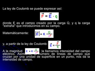 La ley de Coulomb se puede expresar así: donde E es el campo creado por la carga Q, y q la carga "extraña" que introducimos en su campo. Matemáticamente:  y, a partir de la ley de Coulomb:  A la magnitud  la llamamos intensidad del campo eléctrico. Asimismo, el número de líneas de campo que cruzan por una unidad de superficie en un punto, nos da la intensidad de campo. 