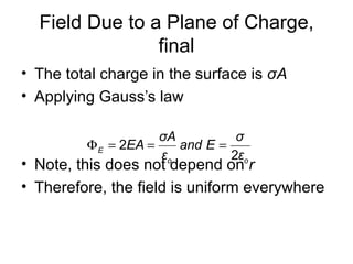 Field Due to a Plane of Charge,
                final
• The total charge in the surface is σA
• Applying Gauss’s law

                     σA          σ
         Φ E = 2EA =    and E =
                     εo         2εo
• Note, this does not depend on r
• Therefore, the field is uniform everywhere
 