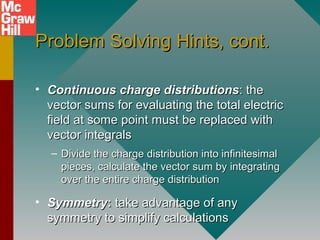 Problem Solving Hints, cont.Problem Solving Hints, cont.
• Continuous charge distributionsContinuous charge distributions: the: the
vector sums for evaluating the total electricvector sums for evaluating the total electric
field at some point must be replaced withfield at some point must be replaced with
vector integralsvector integrals
– Divide the charge distribution into infinitesimalDivide the charge distribution into infinitesimal
pieces, calculate the vector sum by integratingpieces, calculate the vector sum by integrating
over the entire charge distributionover the entire charge distribution
• SymmetrySymmetry:: take advantage of anytake advantage of any
symmetry to simplify calculationssymmetry to simplify calculations
 