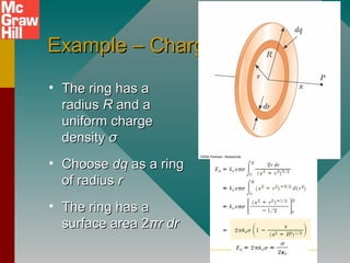 Example – Charged DiskExample – Charged Disk
• The ring has aThe ring has a
radiusradius RR and aand a
uniform chargeuniform charge
densitydensity σσ
• ChooseChoose dqdq as a ringas a ring
of radiusof radius rr
• The ring has aThe ring has a
surface area 2surface area 2ππrr drdr
 