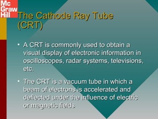 The Cathode Ray TubeThe Cathode Ray Tube
(CRT)(CRT)
• A CRT is commonly used to obtain aA CRT is commonly used to obtain a
visual display of electronic information invisual display of electronic information in
oscilloscopes, radar systems, televisions,oscilloscopes, radar systems, televisions,
etc.etc.
• The CRT is a vacuum tube in which aThe CRT is a vacuum tube in which a
beam of electrons is accelerated andbeam of electrons is accelerated and
deflected under the influence of electricdeflected under the influence of electric
or magnetic fieldsor magnetic fields
 