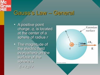Gauss’s Law – GeneralGauss’s Law – General
• A positive pointA positive point
charge,charge, qq, is located, is located
at the center of aat the center of a
sphere of radiussphere of radius rr
• The magnitude ofThe magnitude of
the electric fieldthe electric field
everywhere on theeverywhere on the
surface of thesurface of the
sphere issphere is
EE == kkeeqq // rr22
 