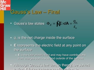 Gauss’s Law – FinalGauss’s Law – Final
• Gauss’s law statesGauss’s law states
• qqinin is the net charge inside the surfaceis the net charge inside the surface
• EE represents the electric field at any point onrepresents the electric field at any point on
the surfacethe surface
– EE is theis the total electric fieldtotal electric field and may have contributionsand may have contributions
from charges both inside and outside of the surfacefrom charges both inside and outside of the surface
• Although Gauss’s law can, in theory, be solvedAlthough Gauss’s law can, in theory, be solved
E A in
E
o
q
d
ε
Φ = × =∫Ñ
 