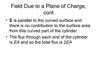Field Due to a Plane of Charge,
cont
• E is parallel to the curved surface and
there is no contribution to the surface area
from this curved part of the cylinder
• The flux through each end of the cylinder
is EA and so the total flux is 2EA
 