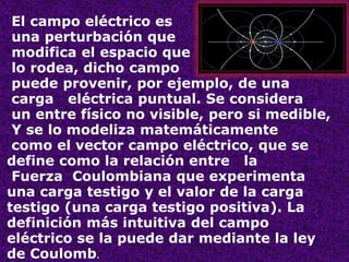  El campo eléctrico es  una perturbación que  modifica el espacio que  lo rodea, dicho campo puede provenir, por ejemplo, de una  carga   eléctrica puntual. Se consideraun entre físico no visible, pero si medible,  Y se lo modeliza matemáticamente  como el vector campo eléctrico, que se      define como la relación entre   laFuerza  Coulombiana que experimenta una carga testigo y el valor de la carga testigo (una carga testigo positiva). La definición más intuitiva del campo eléctrico se la puede dar mediante la ley de Coulomb.