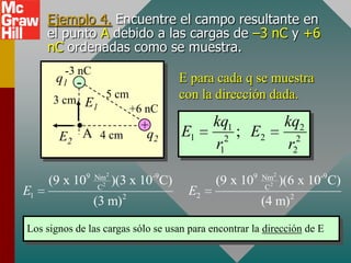 Ejemplo 4. Encuentre el campo resultante en
     el punto A debido a las cargas de –3 nC y +6
     nC ordenadas como se muestra.
        -3 nC
      q1 -                           E para cada q se muestra
      3 cm E 5 cm                    con la dirección dada.
            1               +6 nC
                              +            kq1                kq2
       E2 A 4 cm               q2    E1      2
                                               ; E2              2
                                           r1                  r2
             9 Nm2              -9                   9 Nm2
     (9 x 10    C2
                     )(3 x 10 C)            (9 x 10     C2
                                                             )(6 x 10-9C)
E1                      2
                                      E2
                (3 m)                                  (4 m)2

Los signos de las cargas sólo se usan para encontrar la dirección de E
 