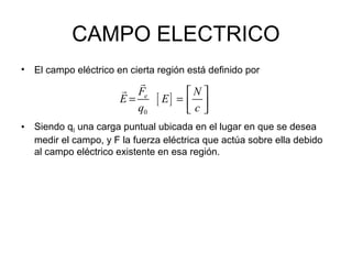 CAMPO ELECTRICO
•   El campo eléctrico en cierta región está definido por
                           r
                        r Fe           N 
                        E=      [ E] =  
                           q0          c
•   Siendo q0 una carga puntual ubicada en el lugar en que se desea
    medir el campo, y F la fuerza eléctrica que actúa sobre ella debido
    al campo eléctrico existente en esa región.
 