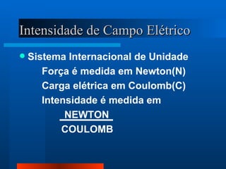 Intensidade de Campo Elétrico
   Sistema Internacional de Unidade
       Força é medida em Newton(N)
       Carga elétrica em Coulomb(C)
       Intensidade é medida em
            NEWTON
           COULOMB
 