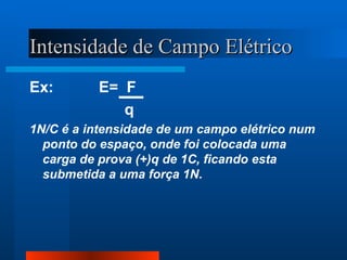 Intensidade de Campo Elétrico
Ex:       E= F
             q
1N/C é a intensidade de um campo elétrico num
  ponto do espaço, onde foi colocada uma
  carga de prova (+)q de 1C, ficando esta
  submetida a uma força 1N.
 