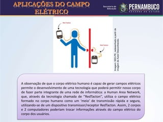 APLICAÇÕES DO CAMPO
ELÉTRICO
A observação de que o corpo elétrico humano é capaz de gerar campos elétricos
permite o desenvolvimento de uma tecnologia que poderá permitir nosso corpo
de fazer parte integrante de uma rede de informática: a Human Area Network,
que, através da tecnologia chamada de ‘’RedTacton’’, utiliza o campo elétrico
formado no corpo humano como um ‘meio’ de transmissão rápida e segura,
utilizando-se de um dispositivo transmissor/receptor RedTacton. Assim, 2 corpos
e 2 computadores poderiam trocar informações através do campo elétrico do
corpo dos usuários. Imagem:SEE-PE,redesenhadoapartirde
imagemdeAutorDesconhecido.
 