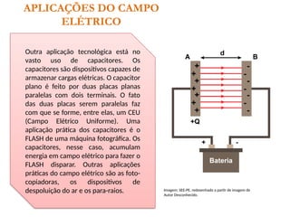 Outra aplicação tecnológica está no
vasto uso de capacitores. Os
capacitores são dispositivos capazes de
armazenar cargas elétricas. O capacitor
plano é feito por duas placas planas
paralelas com dois terminais. O fato
das duas placas serem paralelas faz
com que se forme, entre elas, um CEU
(Campo Elétrico Uniforme). Uma
aplicação prática dos capacitores é o
FLASH de uma máquina fotográfica. Os
capacitores, nesse caso, acumulam
energia em campo elétrico para fazer o
FLASH disparar. Outras aplicações
práticas do campo elétrico são as foto-
copiadoras, os dispositivos de
despoluição do ar e os para-raios.
APLICAÇÕES DO CAMPO
ELÉTRICO
Imagem: SEE-PE, redesenhado a partir de imagem de
Autor Desconhecido.
 