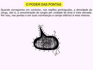 O PODER DAS PONTAS Quando carregamos um condutor, nas regiões pontiagudas, a densidade de carga, isto é, a concentração de cargas por unidade de área é mais elevada. Por isso, nas pontas e em suas vizinhanças o campo elétrico é mais intenso. 
