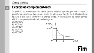 5- Uma carga de prova, eletrizada positivamente com carga 2uC, é colocada em
um ponto de um campo elétrico, cujo vetor tem direção horizontal, sentida
esquerda para a direita e módulo 4.105 N/C. Determine a intensidade, a direção e
o sentido da força elétrica que atua na carga.
6- Uma partícula puntiforme de massa 10 g, eletrizada positivamente com carga
q, é colocada em um ponto de um campo elétrico cujo vetor possui intensidade
200 N/C, direção vertical e sentido para cima. Nesse ponto, a partícula
permanece em equilíbrio devido à ação da gravidade. Sendo g = 10 m/s², calcule
o valor da carga q.
 