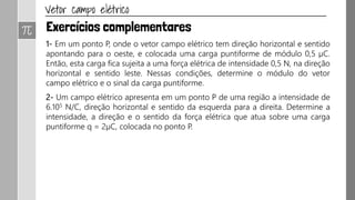 1- Em um ponto P, onde o vetor campo elétrico tem direção horizontal e sentido
apontando para o oeste, e colocada uma carga puntiforme de módulo 0,5 µC.
Então, esta carga fica sujeita a uma força elétrica de intensidade 0,5 N, na direção
horizontal e sentido leste. Nessas condições, determine o módulo do vetor
campo elétrico e o sinal da carga puntiforme.
2- Um campo elétrico apresenta em um ponto P de uma região a intensidade de
6.105 N/C, direção horizontal e sentido da esquerda para a direita. Determine a
intensidade, a direção e o sentido da força elétrica que atua sobre uma carga
puntiforme q = 2µC, colocada no ponto P.
 