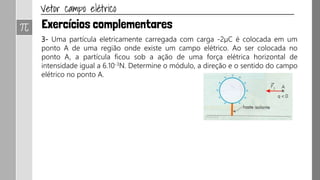 3- Uma partícula eletricamente carregada com carga -2µC é colocada em um
ponto A de uma região onde existe um campo elétrico. Ao ser colocada no
ponto A, a partícula ficou sob a ação de uma força elétrica horizontal de
intensidade igual a 6.10-3N. Determine o módulo, a direção e o sentido do campo
elétrico no ponto A.
 